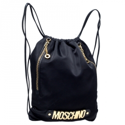 Pre Owned Moschino Black/Gold Logo Nylon Drawstring Backpack