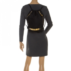 Pre Owned Moschino Black/Gold Logo Nylon Drawstring Backpack