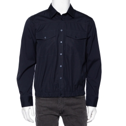 Navy Blue Cotton Loose Blouson Fit Button Front Shirt