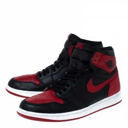 Nike Black And Red Leather Air Jordan 1 Retro High Top Lace Up Sneakers Size 43.5
