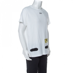 مملوكة مسبقًا Off White White Spray Stripes Cotton Crew Neck T-Shirt S