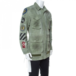Off White Khaki Green Cotton Worn Out Look Patch Appliqué Field Jacket XS