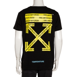 Pre Owned Off-White Black Cotton Firetape Print Round Neck T Shirt S
