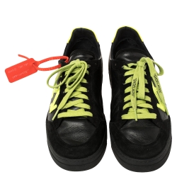 Pre Owned OFF-WHITE Black/Neon Leather And Suede Vulcanized Low Top Sneakers Size 43