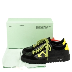 Pre Owned OFF-WHITE Black/Neon Leather And Suede Vulcanized Low Top Sneakers Size 43