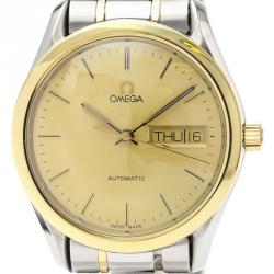 Pre Owned Omega Champagne 18K Yellow Gold and Stainless Steel Classic Day Date 166.0299 Men's Wristwatch 35MM