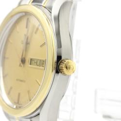 Pre Owned Omega Champagne 18K Yellow Gold and Stainless Steel Classic Day Date 166.0299 Men's Wristwatch 35MM