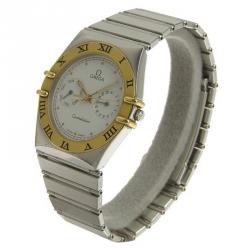 Pre Owned Omega White 18K Yellow Gold and Stainelss Steel Constellation Day Date Men's Wristwatch 34MM