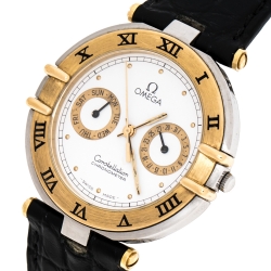 Omega White Stainless Steel 18K Yellow Gold Vintage Constellation 198.0145 Women's Wristwatch 34 mm