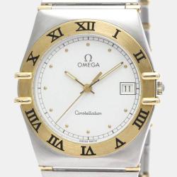 Pre Owned Omega White 18k Yellow Gold And Stainless Steel Constellation 396.1070 Quartz Men's Wristwatch 33 mm