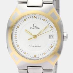 Pre Owned Omega White 18k Yellow Gold And Stainless Steel Seamaster 396.1022 Quartz Men's Wristwatch 31 mm