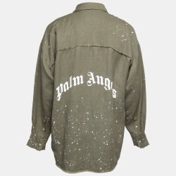 Pre Owned Palm Angels Olive Green Linen Logo Printed Button Front Shirt S