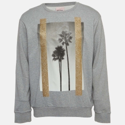 Grey Palm Trees Glitter Print Cotton Knit Sweatshirt
