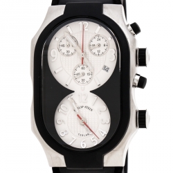 Philip Stein Black Stainless Steel Rubber Teslar Dual Time Chronograph Men's Wristwatch 37 mm