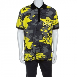 Pre Owned Philipp Plein Yellow Camouflage Print Cotton Volantine Polo T-Shirt 3XL