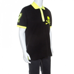 Pre Owned Philipp Plein Black and Yellow Cotton Skull Detail Sea Polo T-Shirt 3XL 