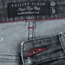Pre Owned Philipp Plein Illegal Fight Club Smoke Grey Distressed Denim Super Straight Cut Jeans L