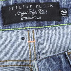 Pre Owned Philipp Plein West Hollywood Washed Blue Straight Fit Distressed Denim Jeans L