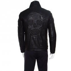 Pre Owned Philipp Plein Black Skull Motif Leather Biker Jacket M