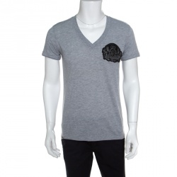 Pre Owned Philipp Plein Grey Logo Applique V-Neck Embellished Lord T-Shirt L