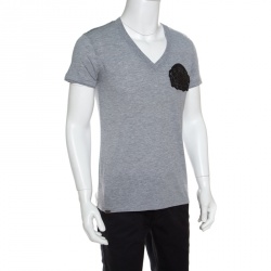 Pre Owned Philipp Plein Grey Logo Applique V-Neck Embellished Lord T-Shirt L