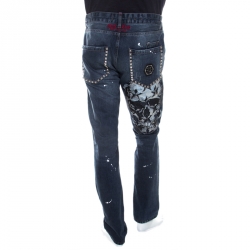 Pre Owned Philipp Plein Illegal Fight Club Indigo Crystal Skull Embellished Distressed Straight Cut Jeans L