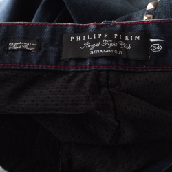 Pre Owned Philipp Plein Illegal Fight Club Indigo Crystal Skull Embellished Distressed Straight Cut Jeans L