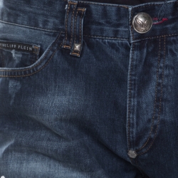 Pre Owned Philipp Plein Illegal Fight Club Indigo Crystal Skull Embellished Distressed Straight Cut Jeans L