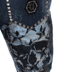 Pre Owned Philipp Plein Illegal Fight Club Indigo Crystal Skull Embellished Distressed Straight Cut Jeans L