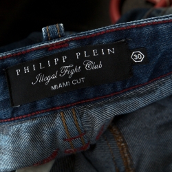 Pre Owned Philipp Plein Illegal Fight Club Indigo Faded Effect Denim Distressed Miami Cut Shorts S