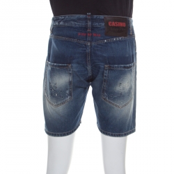 Pre Owned Philipp Plein Illegal Fight Club Indigo Faded Effect Denim Distressed Miami Cut Shorts S