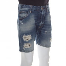 Pre Owned Philipp Plein Illegal Fight Club Indigo Faded Effect Denim Distressed Miami Cut Shorts S