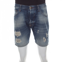 Pre Owned Philipp Plein Illegal Fight Club Indigo Faded Effect Denim Distressed Miami Cut Shorts S