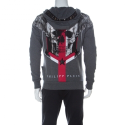 Pre Owned Phillipp Plein Grey Skull & Wing Print Cotton Crystal Embellished Front Zip Hoodie M