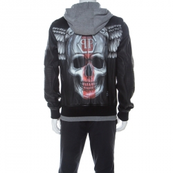 Pre Owned Philipp Plein Black & Grey Leather & Jersey Hooded Jacket XL