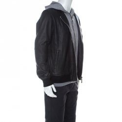 Pre Owned Philipp Plein Black & Grey Leather & Jersey Hooded Jacket XL