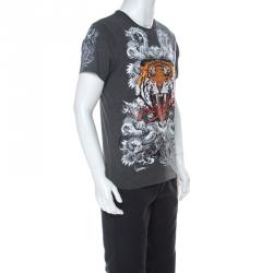 Pre Owned Phillip Plein Charcoal Grey Jersey Crystal Embellished Philipp Tiger T-Shirt S