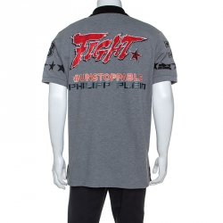 Pre Owned Philipp Plein Grey Cotton Embellished Detail Unstoppable Polo T-Shirt 3XL