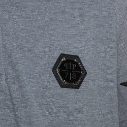 Pre Owned Philipp Plein Grey Cotton Embellished Detail Unstoppable Polo T-Shirt 3XL
