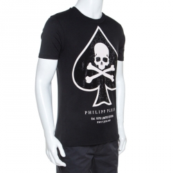 Pre Owned Philipp Plein Black Skull Print Cotton Crystal Embellished T-Shirt L
