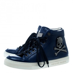 Philipp Plein Blue Leather Skull High Top Sneakers Size 40