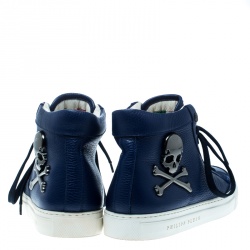 Philipp Plein Blue Leather Skull High Top Sneakers Size 40