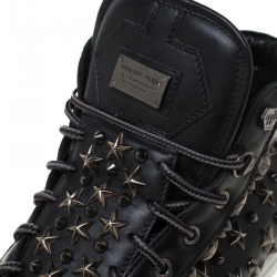 Philipp Plein Black Leather Star And Spike Studded High Top Sneakers Size 43