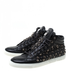 Philipp Plein Black Leather Star And Spike Studded High Top Sneakers Size 43