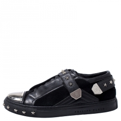 Philipp Plein Black Leather And Suede Star Studded Metal Cap Toe Low Top Sneakers Size 40