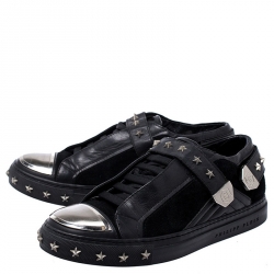 Philipp Plein Black Leather And Suede Star Studded Metal Cap Toe Low Top Sneakers Size 40