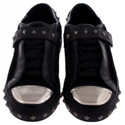 Philipp Plein Black Leather And Suede Star Studded Metal Cap Toe Low Top Sneakers Size 40