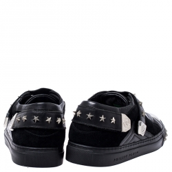 Philipp Plein Black Leather And Suede Star Studded Metal Cap Toe Low Top Sneakers Size 40