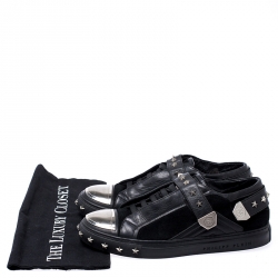 Philipp Plein Black Leather And Suede Star Studded Metal Cap Toe Low Top Sneakers Size 40