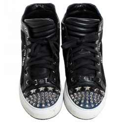 Philipp Plein Black/Blue Leather And Velvet Star And Spike Studded High Top Sneakers Size 42